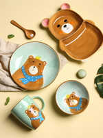 可愛兒童餐具套裝陶瓷兒童碗筷飯碗猴兔子卡通圖案早餐分格盤