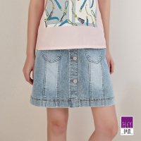 ILEY伊蕾 刷白多片剪裁排釦彈性棉質牛仔裙(淺藍色；M-XL)1222078276