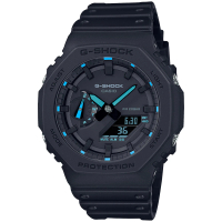 【CASIO 卡西歐】G-SHOCK 八角錶殼耐衝擊運動雙顯腕錶/黑x藍指針(GA-2100-1A2)