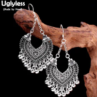 Uglyless Sexy Exotic Thai Silver Balls Tassel Earrings for Women 925 Silver Totem Patterns Dangle Earrings Vintage Jewelry E1913