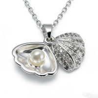 Luxury Seashell Pearl Necklace | Premium Cubic Zirconia Shell Pendant with Locket Pearl | Silver Cha
