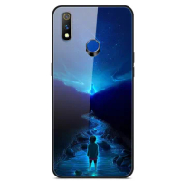 For Realme 3 Pro Phone Case Tempered Glass Back Cover With Black Silicone Bumper Star Sky Pattern