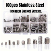 100pcs Stainless Steel Socket Head Hex Set Screw M3 M4 M5 M6 M8 Cup Assortment Kit Grub Screw Cup Point Grub Screw Set