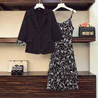 Women Plus Size Dress Suit Blazer Jacket Coat Top And Floral Print Sundress Two Piece Set Elegant Outfit Office Ladies Clothing
