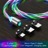 Color Streamer 3 In1 Magnetic Current Luminous Lighting Charging Mobile Phone Cable Cle Usb C Cable 1M 1 Line 1 Head for Apple