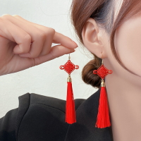 喜慶紅色中國結過年耳環女2021年新款新年耳夾中國風流蘇耳墜耳飾