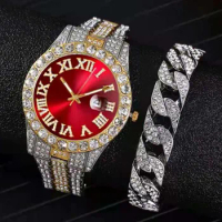 Full Iced Out Watch Bracelet for Men Big Gold Cuban Chain Hip Hop Clocks Watch Men Miami Rhinestone 