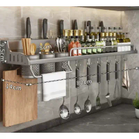 廚房筷子刀架調料用品收納掛架(80三杯4刀槽10掛鈎-槍灰色)(尺寸:80*14*9.5*8CM)