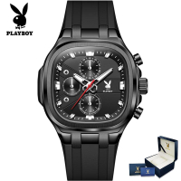 【July สินค้าใหม่】PLAYBOY นาฬิกาผู้ชาย  รุ่นใหม่ หน้าปัดทรงสี่เหลี่ยม สไตล์แฟชั่นและลำลอง ฟังก์ชันจับ