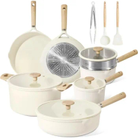 Pan Sets for Cooking Pots With Cooking Utensils Set Nonstick Cookware Sets 14pcs Pots and Pans Set Cream White Bar
