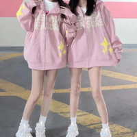 Anime Pink Zipper Winter Autumn Hoodies Women Long Sleeve Harajuku Sweatshirt Aesthetic Korean Fashion Casual Elegant Clothes