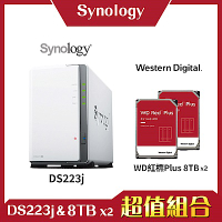 Synology DS223j 2Bay NAS 網路儲存伺服器＋WD 紅標 8TB 3.5吋NAS硬碟-兩入組