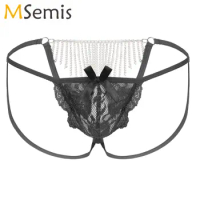 Mens Lingerie Panties Sissy Sheer Lace Bulge Pouch Strappy T-back Thongs Briefs Metal Chain Low Rise G-strings Thongs Underwear
