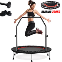 40/48" Mini Trampoline for Adults Foldable Fitness Trampoline with Adjustable Handrail Bearing 300KG Home Gym Rebounder Jumping