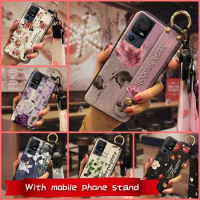 Wristband Back Cover Phone Case For TCL 40SE/T610K ring Anti-dust Flower Wrist Strap Lanyard