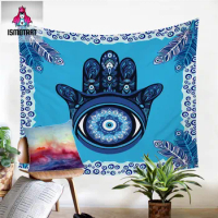 Evil Eye Hamsa by Ismot Esha Tapestry Mandala Wall Hanging Hand Blue Hippie Decor Wall Carpet Bedspreads Peacock Feather Sheet