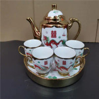 Dragon and Phoenix Auspicious Wedding Traditional Chinese Tea Worship Ceramic Tea Set Hand-painted Double Happiness Collection G