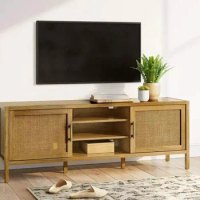 Living Room Rattan Furniture Wicker Wood Console TV Unit Table, Modern Rattan Tv Cabinet Stand With Solid Wood Leg