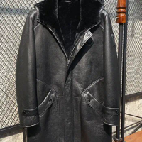 Men Fur Shearling Sheepskin Genuine Leather Long Coat Male B3 Bomber Aviator Coat Outerwear Flight Winter Warm With Hood Jacket