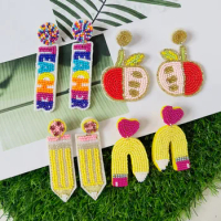 Best Lady Fabric Handmade Rice Beads Apple Love Pencil Teacher Letter Earrings Teacher'S Day Gift Earrings For Women