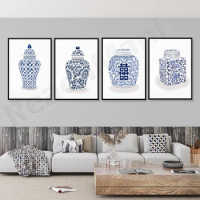 Blue and white ginger jar, watercolor blue and white porcelain print, Chinese vase poster, Hampton style home decoration gift