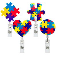 Acrylic Colorful Puzzle Badge Clip Autism Retractable Badge Reel Rotating Id Card Holder Badge Clip Doctor Nurses Day Gift