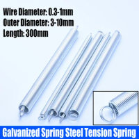 0.3-1mm Wire Dia Galvanized Spring Steel O Ring Hook Extension Tension Spring Coil Spring Dual Hook Spring Pullback Spring L=300