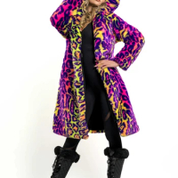 New Women's Faux Fur Jacket Long Autumn And Winter Coat For Women In Neon Glitzy Leopard Print Hooded Faux Fur Coat