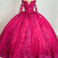 Dark Pink 3D Flowers Three Quarter Sleeve Luxury Quinceanera Dress 2024 Ball Gown Charro Mexican Dress vestido de 15 quinceañera