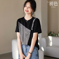 初色 圓領不對稱撞色格紋拼接鈕扣短袖T恤上衣女上衣-灰黑色-33977(M-2XL可選)
