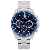 【SEIKO 精工】疾風競速風格三眼計時不鏽鋼錶帶手錶-深藍色面/43mm(SSB345P1)