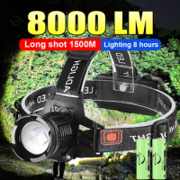 8000LM Powerful LED Headlamp Headlight White Laser Rechargeable Head Flashlight Zoomable Fishing Head Lantern Use 18650 Battery