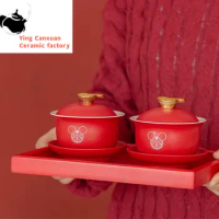 Chinese Red Ceramic Tea Set Gaiwan Handmade Tea Bowl Wooden Tray Household Wedding Teaware Sets Accessories Luxury Gifts