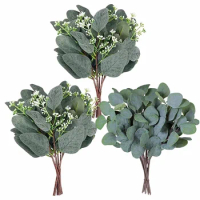 Artificial Eucalyptus Leaf Stems, White Seeds, Greenery Plant, Fake Green Branches, Home Garden Decorations, 6/12pcs