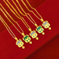Pure 18K 999 Yellow Gold Pendant Necklace Simple Mini Roman Numerals Tag Pendant Gold Chain for Women Fine Jewelry Gift