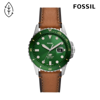 【FOSSIL 官方旗艦館】Fossil Blue 獨特質感碧綠日曆男錶 咖啡色環保製程皮革錶帶 指針手錶 42MM FS5946