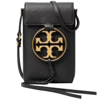 【TORY BURCH】MILLER專櫃款黑色皮革圓形LOGO手機斜背包