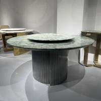 Natural marble dining table, circular with turntable, villa restaurant, large family dining table, emerald luxury stone dining t