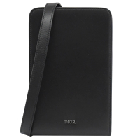 【Dior 迪奧】簡約品牌金屬LOGO小牛皮硬式方包手機包斜背包(黑)