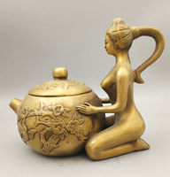 古玩古董收藏仿古做舊老式黃銅銅器小茶壺泡茶人物像 擺件收藏