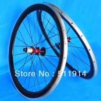 Full Carbon Road Bike Clincher Wheelset 700C - 50mm - Alloy Brake Surface - red hubs