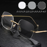 Rimless Photochromic Myopia Glasses Small Square Frame Minus Diopter Eyewear Women UV Protection Color Changing Sun Glasses