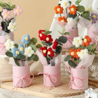 1 Pc Colorful Woven Folwer Bouquet With Bucket Handmade Artifiical Folwer Bouquet Birthday Gift Home Desktop Ornament