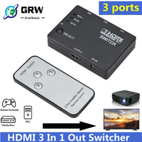 Grwibeou HDMI Splitter 3 In 1 Out Switcher 3 Port Hub Box Auto Switch 3x1 1080p HD 1.4 With Remote Control for HDTV XBOX360 PS3