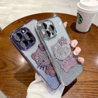 Sanrio Iphone15 Phone Case Hello Kitty Gradient Glitter with Diamond Kt Anime Cartoon Iphone 14/13 Promax Anti Drop Girl Gift