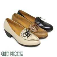 【GREEN PHOENIX】女 牛津鞋 粗跟 花邊 雷射雕花 綁帶 全真皮