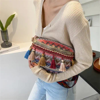 2023 Folk Style Women Waist Bags Variegated Color Fanny Pack with Fringe Decor