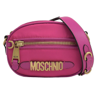 MOSCHINO 金屬LOGO素面尼龍迷你斜背相機包(桃-原廠NG品)