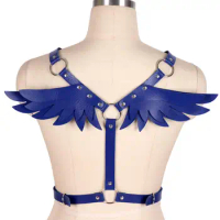 Blue Wing Angel Leather Harness Bra Tops Back Belt Sexy Punk Goth Lingerie Cosplay Dance Wear Body Cage Strap Plus Size Women