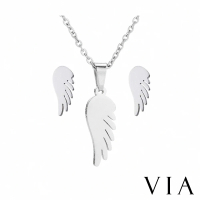 【VIA】白鋼耳釘 白鋼項鍊 翅膀耳釘 翅膀項鍊/時尚系列 可愛天使翅膀造型白鋼耳釘項鍊套組(2色任選)